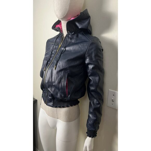 JUICY COUTURE LAMBSKIN LEATHER NAVY HOODIE JACKET XS - Picture 3 of 16